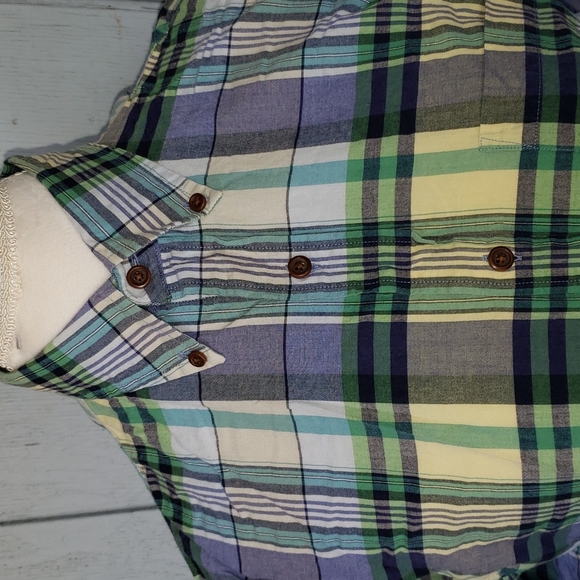 Lands End Plaid Short Sleeve Button Down Blue Gree - Picture 10 of 10